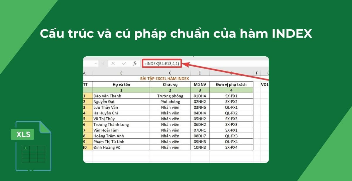 Cấu trúc và cú pháp chuẩn của hàm INDEX