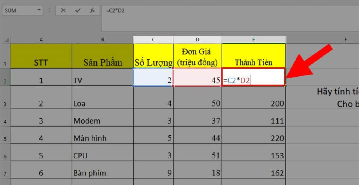 Cách sử dụng hàm nhân 2 cột trong Excel bằng cách dùng dấu nhân