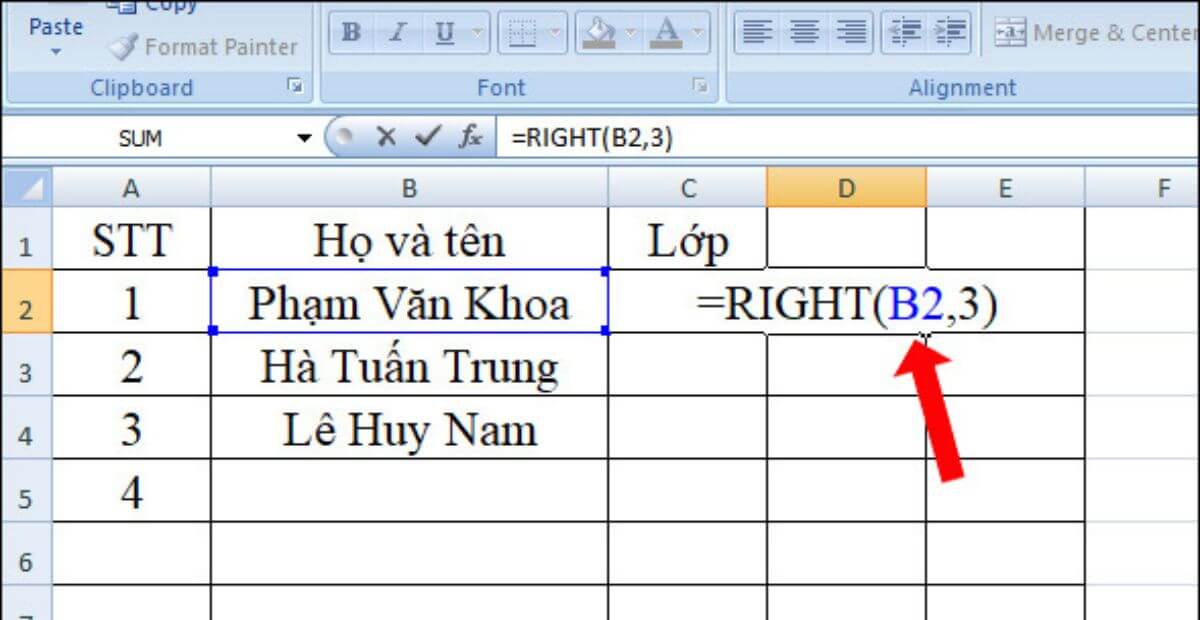 Ví dụ minh họa cách dùng hàm RIGHT