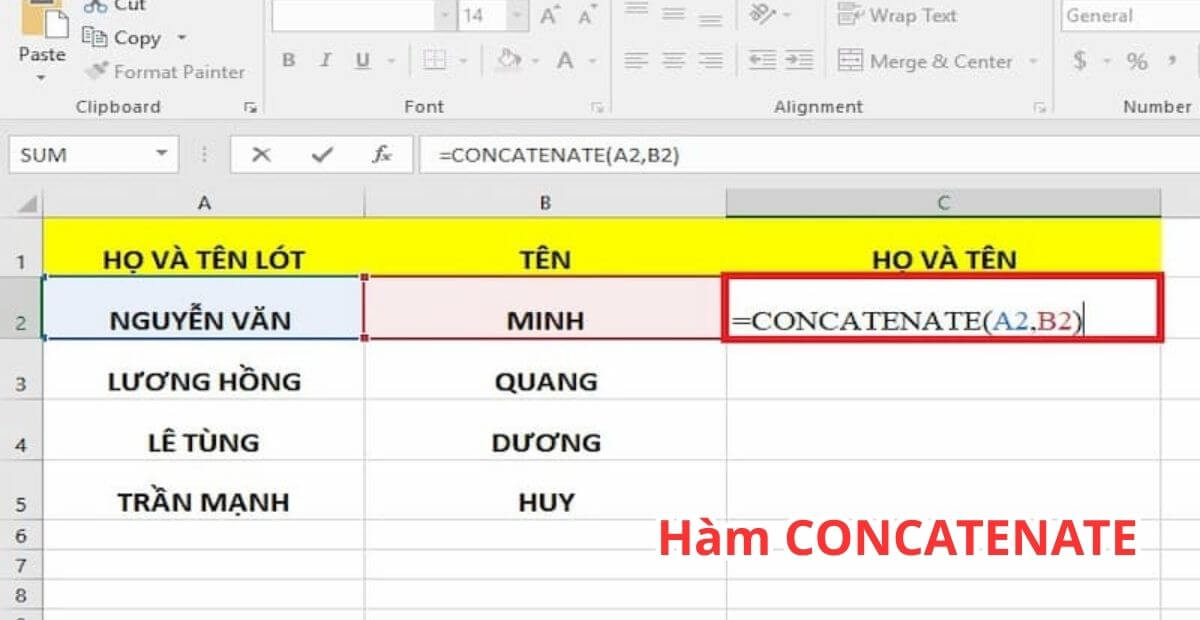 Ví dụ minh họa sử dụng hàm CONCATENATE