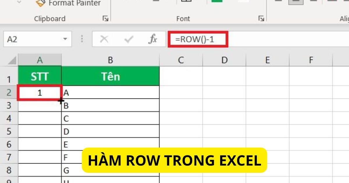 ví dụ minh họa cách sử dụng hàm row